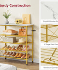 Real Deal Five Tier Shoe Rack Organizer For Up To Twenty Pairs Of Shoes Featuring Slick White And Gold Metal Mesh Shelves With Spacious Top Deck.