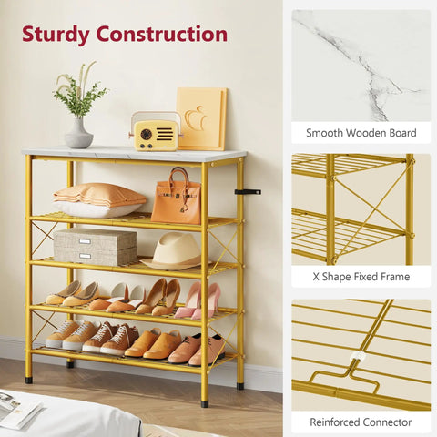 Real Deal Five Tier Shoe Rack Organizer For Up To Twenty Pairs Of Shoes Featuring Slick White And Gold Metal Mesh Shelves With Spacious Top Deck.