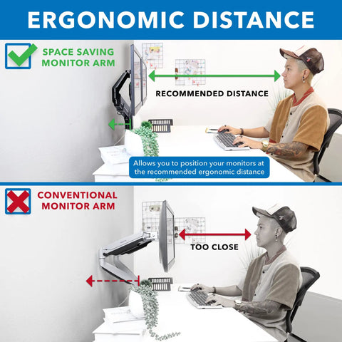 Dual Monitor Desk Mount Featuring Smooth Gas Spring Float For 17 To 32 Inch Screens showing ergonomic distance for optimal viewing.