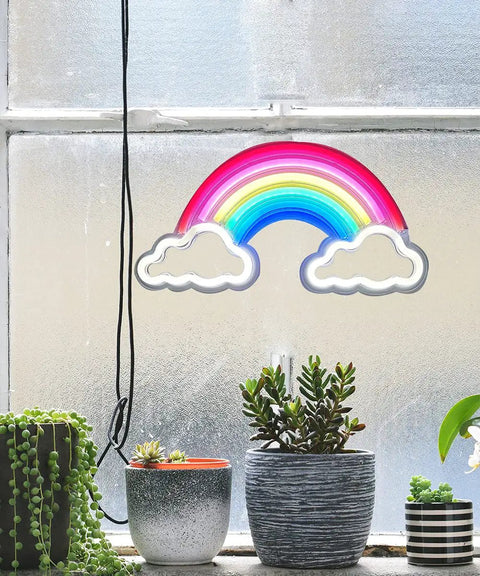 Colorful rainbow 3D Acrylic Neon LED Sign for Bedroom and Bar on window, USB powered, hanging with soft glow, durable design.