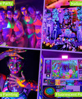 Glow party and Halloween setup with 100W LED Black Light Flood Light 2 Pack Totally Lit Ultra Bright UV Glow effects.