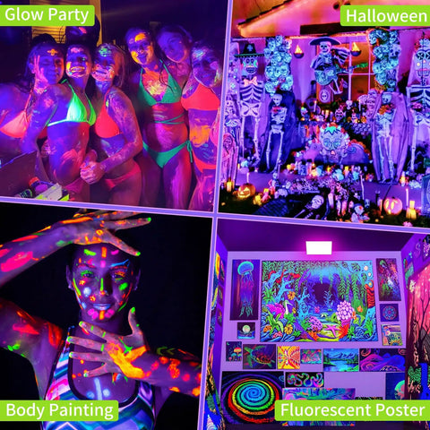 Glow party and Halloween setup with 100W LED Black Light Flood Light 2 Pack Totally Lit Ultra Bright UV Glow effects.