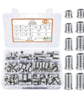 Built Tough Wood Threaded Insert Socket Bolts With Hex Wrench For No Sweat Pre Drilled Frame Assembly and Smooth Decorative Panel Hardware Quick Swap Setup in storage box with 188 pieces.