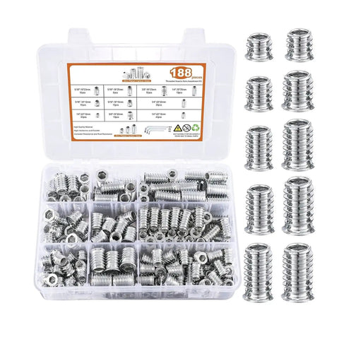 Built Tough Wood Threaded Insert Socket Bolts With Hex Wrench For No Sweat Pre Drilled Frame Assembly and Smooth Decorative Panel Hardware Quick Swap Setup in storage box with 188 pieces.