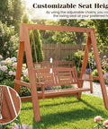 Two Seater Porch Swing With Stand, Solid Wood Patio Loveseat With Adjustable Chains, Built In Backrest And Armrests, Outdoor Swing Bench