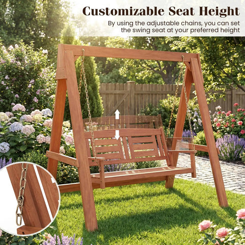 Two Seater Porch Swing With Stand, Solid Wood Patio Loveseat With Adjustable Chains, Built In Backrest And Armrests, Outdoor Swing Bench