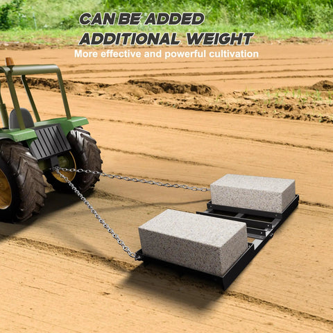 Heavy Duty Tow Behind Workhorse Harrow Rake For Driveways And Lawns shown attached to tractor with added weight