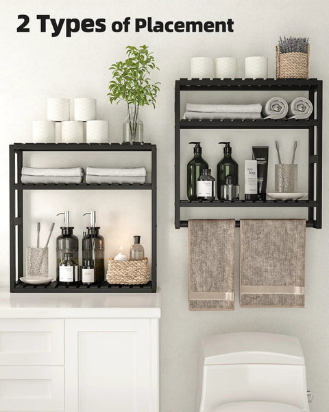 Over The Toilet Storage Bathroom Shelves Wall Mounted 3 Tier Black Rack with towels, toiletries, and plants arranged for easy access.