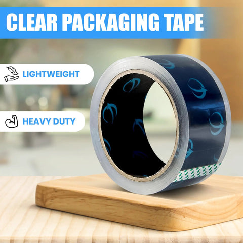 Genesis Heavy Duty Packing Tape Set With 12 Crystal Clear Rolls 1.88 Inch Wide 60 Yards Each roll displayed on a wooden block