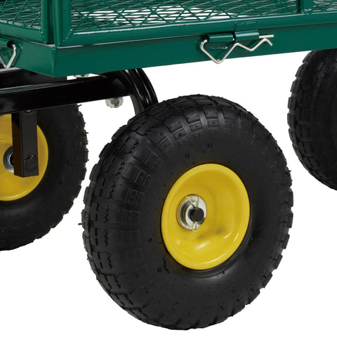 Heavy Duty 1000 Lb Capacity Mesh Steel Garden Cart With 10 In Flat Free Wheels, showing close-up of wheels and mesh bed