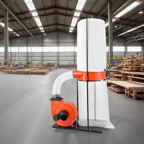 Beast 1200 CFM Dust Collector With 2.5 Micron Vortex Cone in warehouse, showing dust bag and filter bag, heavy-duty extractor