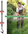 Gardener using Long Handle 56 Inch Six Tine Weeding Hoe And Weed Puller Tool For Lawn Garden Yard Patio And Backyard No Sweat Labor Saving Rake For Quick Weed Removal And Neat Beds, with side view of tool.