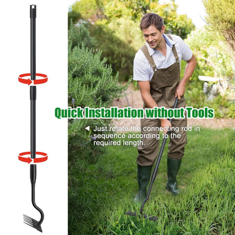 Gardener using Long Handle 56 Inch Six Tine Weeding Hoe And Weed Puller Tool For Lawn Garden Yard Patio And Backyard No Sweat Labor Saving Rake For Quick Weed Removal And Neat Beds, with side view of tool.