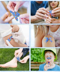 Adhesive bandages: blue cartoon-pattern applied to fingers, knee, and elbow in a first-aid collage.