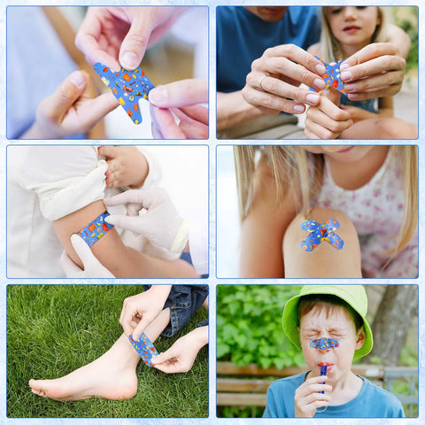 Adhesive bandages: blue cartoon-pattern applied to fingers, knee, and elbow in a first-aid collage.