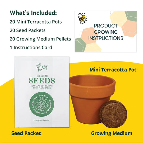 Sunflower Seed Starter Kit Bulk 20 Pack With Mini Terracotta Pots For Weddings DIY Crafts Classroom Projects Party Favors And Easy Home Gardening For All Ages, displaying seed packet, terracotta pot, and growing medium.
