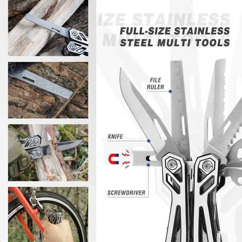 Multitool 21 In 1 Stainless Steel Pocket Knife With Screwdriver Sleeve Self Locking Pliers And Durable Sheath for outdoor use.