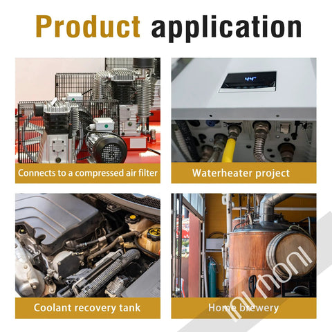 Ini moni reducer hex bushing collage showing air filter connection, water heater, coolant tank, home brewery.