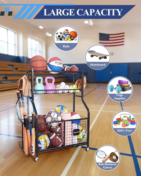 Heavy Duty Rolling Sports Equipment Organizer Rack with Wheels for Garage and Home Gym in a gym holding various sports items.