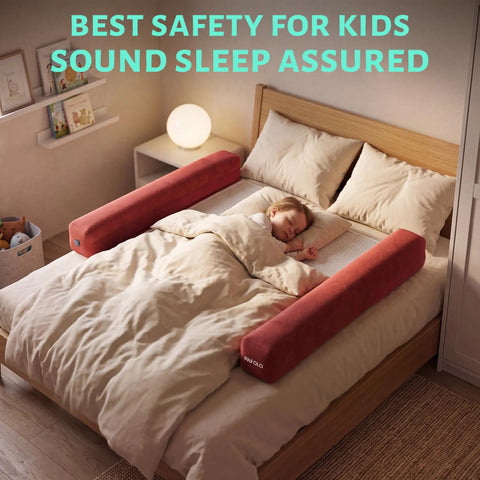 Child sleeping with Inflatable Bed Rails For Toddlers 2 Pack Travel Bumpers For Kids With Non Slip Washable Cover No Pump Needed Blow Up Bed