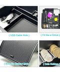 Center Console Organizer Tray For 2022 Through 2026 Frontier Pickup Truck Must-Have USB Pass-Through, showing compartments and features like coin holders and USB hole.