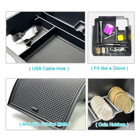 Center Console Organizer Tray For 2022 Through 2026 Frontier Pickup Truck Must-Have USB Pass-Through, showing compartments and features like coin holders and USB hole.