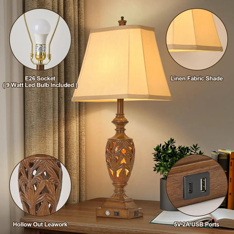 29.5 Inch Tall Touch Control Traditional Table Lamp Set Of 2 With Dual USB Ports 3 Way Dimmable Hollow Out Leafwork Bronze Wood Finish
