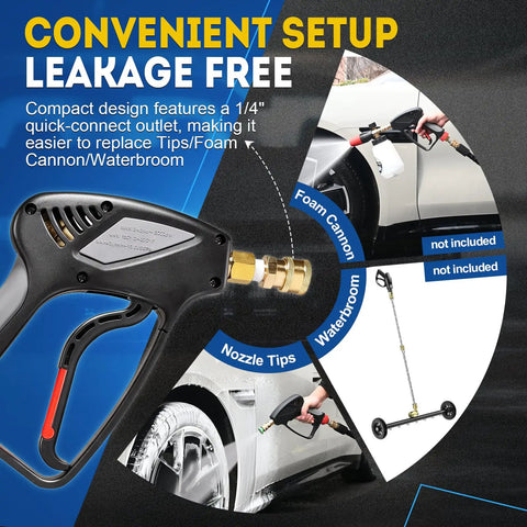 Beast Mode 5000 PSI Pressure Washer Gun With 360 Swivel Inlet, nozzle tips, and quick-connect design for efficient car cleaning