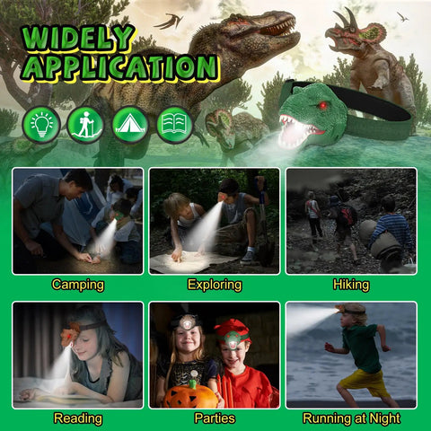 Various uses of Dinosaur Headlamp For Kids With LED Flashlight Roar And Silent Modes, T Rex Dino Toy, shown in camping and exploration settings.