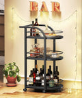 Black Three Tier Rolling Bar Cart Featuring Sturdy Safety Rails And Smooth Swivel Casters Crafted To Hold Your Goodies Squad Approved For Backyard Hangouts And Casual Kickbacks with drinks and glassware.