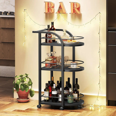 Black Three Tier Rolling Bar Cart Featuring Sturdy Safety Rails And Smooth Swivel Casters Crafted To Hold Your Goodies Squad Approved For Backyard Hangouts And Casual Kickbacks with drinks and glassware.