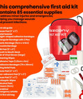 Red first aid kit with 85 supplies, scissors, bandages, and gloves, part of All In One Survival Gear Kit For Ready For Any Situation Get Home Ready Bugout Backpack Tactical Military Grade Molle Pouch With First Aid Kit Fire Starter Compass Flashlight Tent Shelter Rain Gear Fishing Kit Bracelet Saw Shovel.