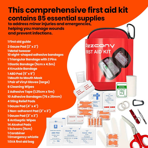 Red first aid kit with 85 supplies, scissors, bandages, and gloves, part of All In One Survival Gear Kit For Ready For Any Situation Get Home Ready Bugout Backpack Tactical Military Grade Molle Pouch With First Aid Kit Fire Starter Compass Flashlight Tent Shelter Rain Gear Fishing Kit Bracelet Saw Shovel.