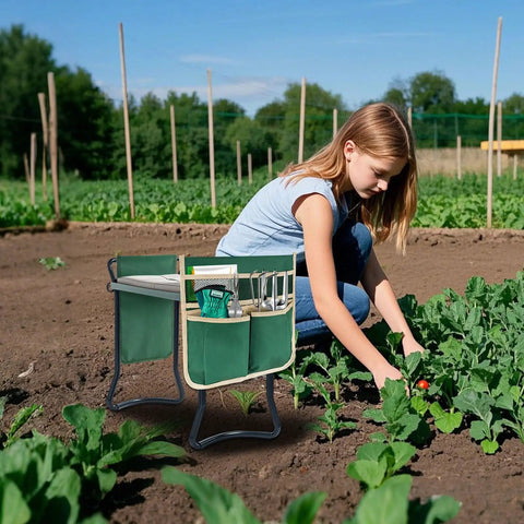 2 Pack Garden Pouches For Kneeler And Outdoor Tool Storage Bags with pockets on stool, woman gardening in field