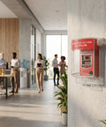 Straight Up Tough Fire Alarm Pull Station Cover mounted in an office environment, providing protection against accidental triggers and dust.