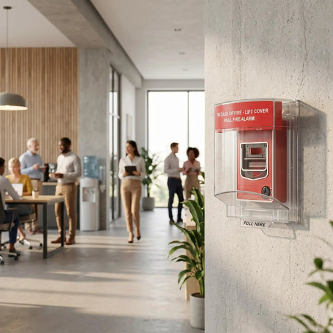 Straight Up Tough Fire Alarm Pull Station Cover mounted in an office environment, providing protection against accidental triggers and dust.