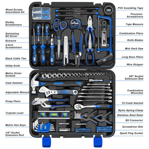 Open 259-Piece General Household Tool Kit Set With Plastic Storage Toolbox, showcasing a variety of durable chrome vanadium hand tools.