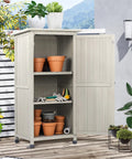 Wooden Outdoor Storage Cabinet And Vertical Garden Tool Shed With Waterproof Metal Roof And Two Adjustable Shelves Ideal For Yard Patio Deck And Porch Gray 20 By 24 By 48 Inches, shown open with garden tools and pots