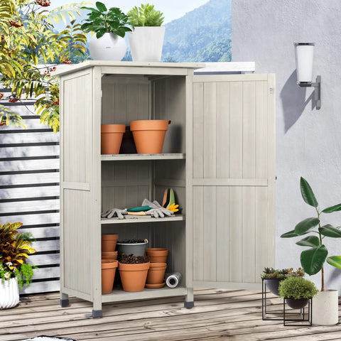 Wooden Outdoor Storage Cabinet And Vertical Garden Tool Shed With Waterproof Metal Roof And Two Adjustable Shelves Ideal For Yard Patio Deck And Porch Gray 20 By 24 By 48 Inches, shown open with garden tools and pots