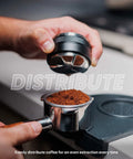 Hands using 53mm distributor on Bottomless 54mm Portafilter Kit With 53mm Distributor And Tamper For Breville Barista Express Pro Touch