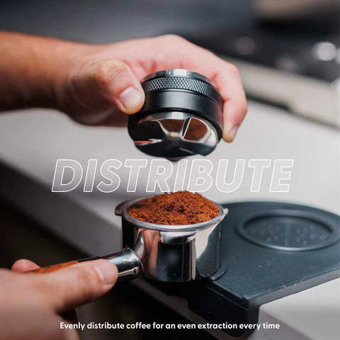Hands using 53mm distributor on Bottomless 54mm Portafilter Kit With 53mm Distributor And Tamper For Breville Barista Express Pro Touch