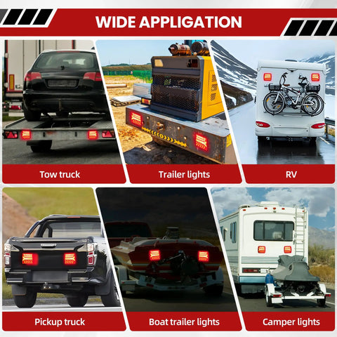 Wireless Magnetic LED Trailer Lights Kit 2 Pack Bluetooth Taillights on various vehicles, including RVs and trucks