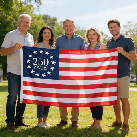 Group holding Huge 3x5 Ft Double Sided American Flag For 250th Anniversary 1776-2026 Outdoor Banner With Two Brass Grommets