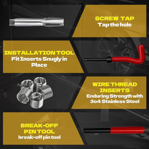 322-Piece Pro Grade Helicoil Thread Repair Kit with Metric M5 to M12 and SAE tools including drill bits, taps, and thread inserts.