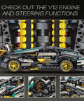 Side view of Technic Sports Car Building Kit 1:14 Scale Lambo V12 MOC Race Car Model Set showing detailed V12 engine and steering features
