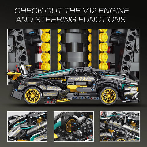 Side view of Technic Sports Car Building Kit 1:14 Scale Lambo V12 MOC Race Car Model Set showing detailed V12 engine and steering features