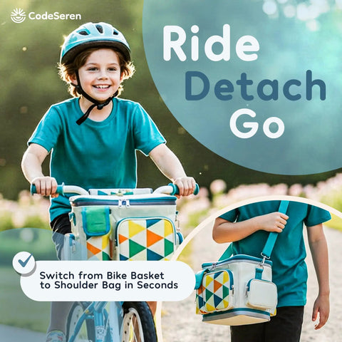 Child using Insulated Kids Bike Basket With Two In One Handlebar And Shoulder Bag, Keeps Snacks Cold Or Lunch Warm, Large Interior