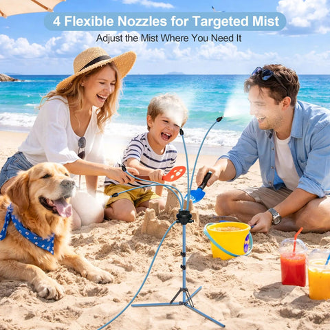 Family enjoying beach with Portable Outdoor Misting System With 30L Water Bag And Rechargeable Pump Hose Free Cooling