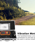 Real Deal Digital Vibration Meter With Dead Accurate Piezoelectric Sensor Handheld in a protective case, ready for use outdoors.