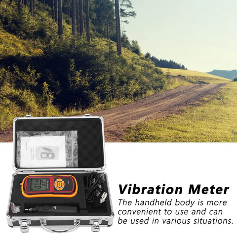 Real Deal Digital Vibration Meter With Dead Accurate Piezoelectric Sensor Handheld in a protective case, ready for use outdoors.